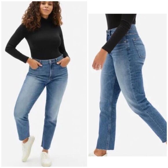 Everlane The Curvy Cheeky Jean 33 Ankle High Rise Raw Hem Mid Blue Preppy Modern - Picture 1 of 16